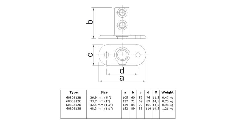 Voetplaat hoog 42.4 mm ZWART