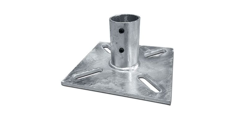 Voetplaat staal verz.200×200 met huls voor buispaal 60,3 mm